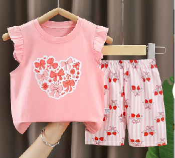 Set vară fete – tricou roz cu inimă din fundițe și pantaloni scurți dungați