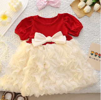 Rochie elegantă fetițe roșu cu fundă și fustă din volane – ocazie, aniversare