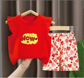 Set vară copii – tricou roșu fără mâneci și pantaloni scurți cu inimioare