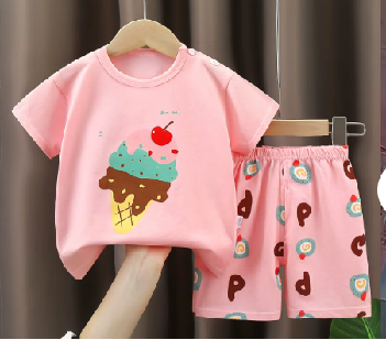 Set vară copii – tricou roz cu înghețată și pantaloni scurți