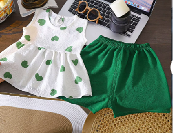 Set vară fete – tunică albă cu inimioare verzi și pantaloni scurți