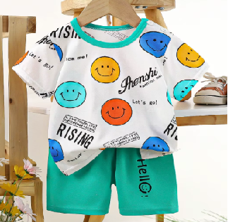 Set vară copii – tricou cu imprimeu smiley colorat și pantaloni