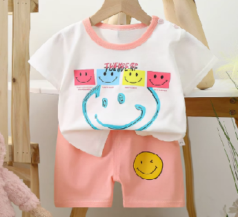 Set vară copii – tricou alb cu smiley și pantaloni roz