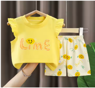 Set vară fete – tricou galben „Lime” și pantaloni scurți cu imprimeu lămâi